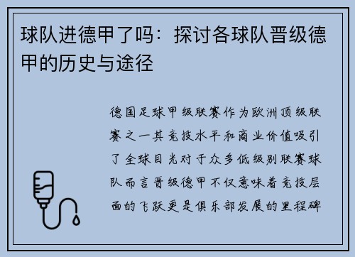 球队进德甲了吗：探讨各球队晋级德甲的历史与途径